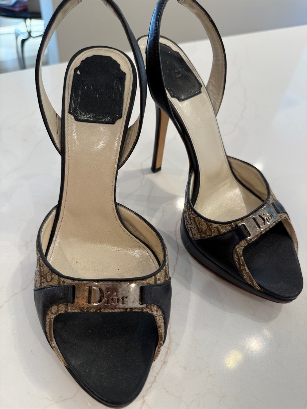 Dior Black and Beige Monogram Open-Toe Slingback Heels with Dior Plaque